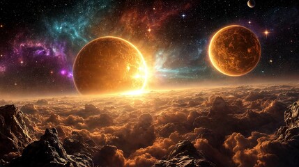A vast alien sky with two suns, floating asteroids, and deep space elements, creating an otherworldly and futuristic wide banner background.