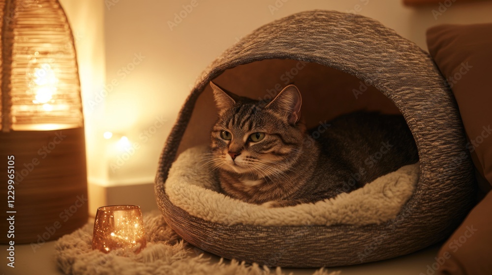 Poster a plush cat bed with a canopy roof, designed in warm neutral tones and set in a cozy corner with sof