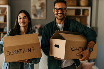 Supportive husband and wife working together to declutter and give back to the community