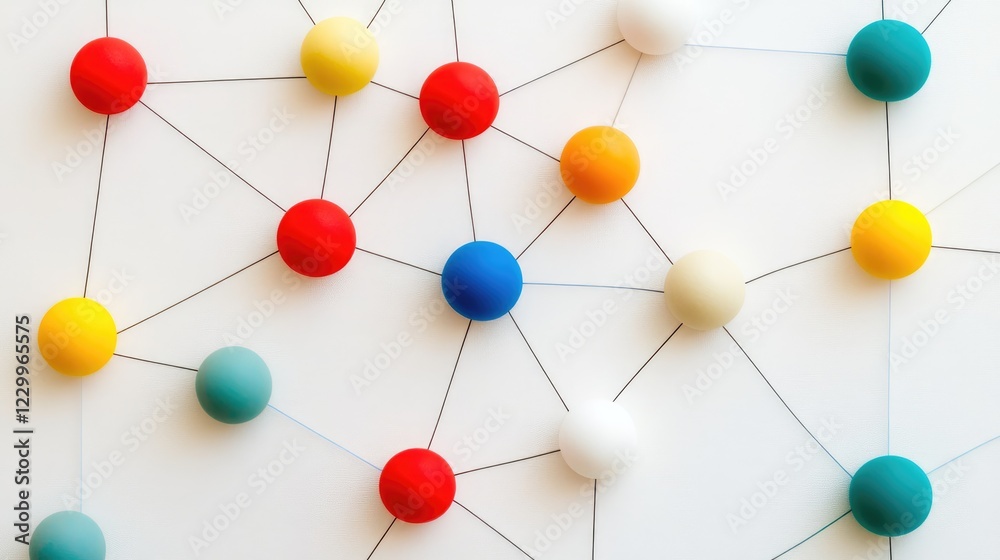 Poster a series of interconnected nodes and color pathways symbolizing teamwork.