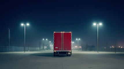 A single red semi-trailer truck parked in an empty lot at night, illuminated by streetlights.