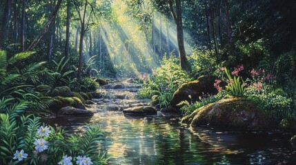 Sunlit Forest Stream, Tranquil Nature Scene