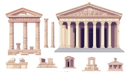 Ancient Greek temple architecture elements, columns, ruins.