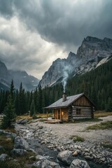  A serene mountain cabin beside a flowing stream