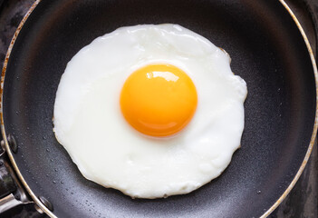 Top view of fried egg on non-stick frying pan