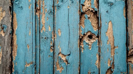 Close-up of distressed wooden planks with faded blue paint, featuring a rough and textured surface, ideal for nostalgic and shabby-chic wallpapers.