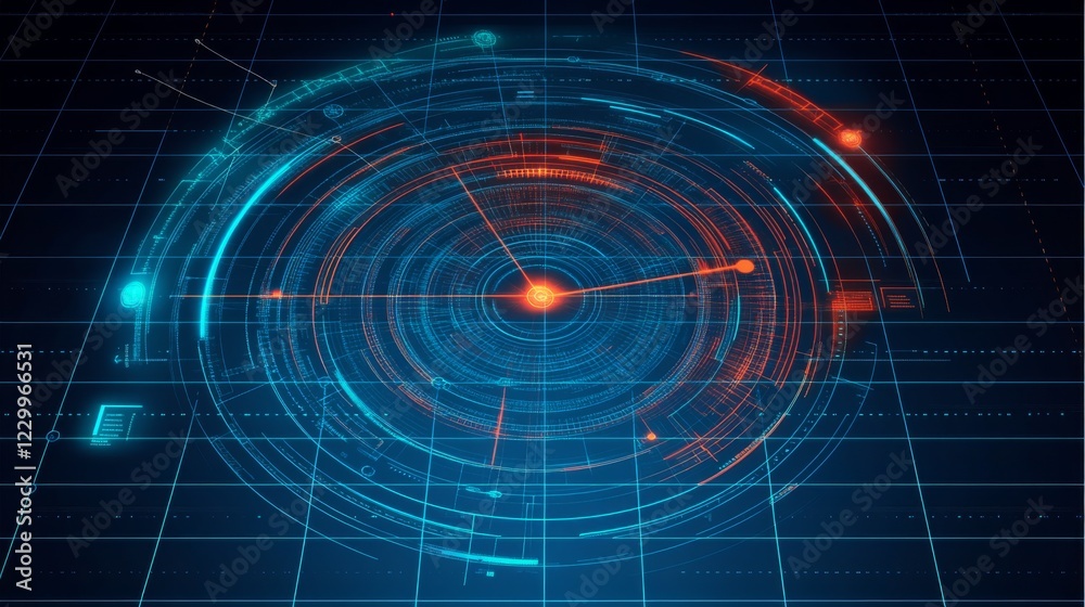 Poster a radar chart in neon colors on a dark grid background, with lines and points showing data intersect