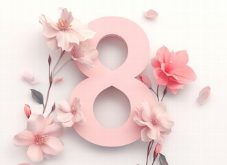 number 8 with floral elements, set against a white background for International Women's Day celebration. delicate flowers or leaves growing.