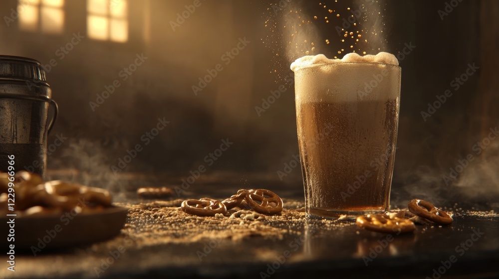 Poster a refreshing lager poured into a glass, with bubbles rising to the top, surrounded by pretzels and n