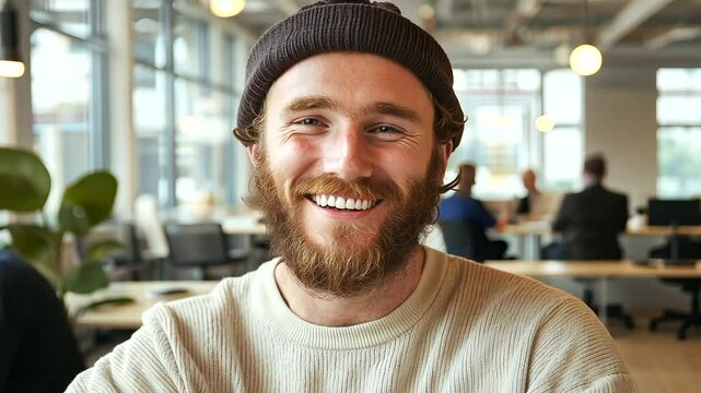 1_Friendly Young Man in Modern Office Promoting Collaboration