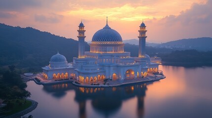 Majestic mosque sunrise reflection, tranquil lake, hills background. Perfect for travel brochures
