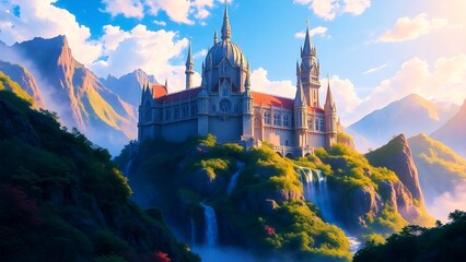 A floating castle surrounded by vibrant birds flying in a dreamy pink and orange sky, creating a magical and surreal atmosphere