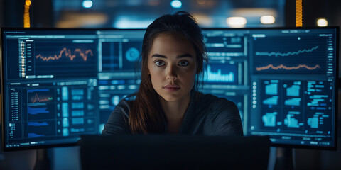 Data analyst analyzing trends modern office space digital screen displays nighttime setting focused viewpoint data insights for business growth