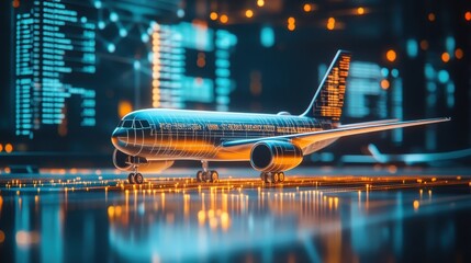 A cost-effective airline model concept, showcasing streamlined planes, digital cost graphs, and a modern airport scene, vibrant and efficient design