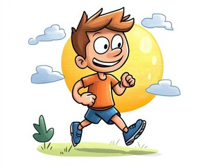 Happy Young Boy Running in a Sunny Outdoor Scene with Clouds