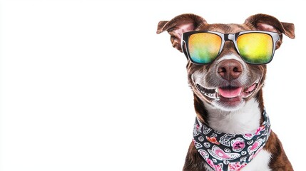 Pet Influencer concept. A happy dog wearing sunglasses and a bandana, exuding playful confidence and charm.
