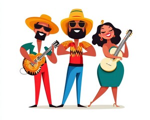 Vibrant Cartoon Musicians Performing Joyful Caribbean Music