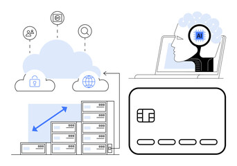 Servers connected to cloud with security, user and search icons. AI integrated with a computer, digital payment card. Ideal for technology, IT infrastructure, AI, cloud computing, cybersecurity