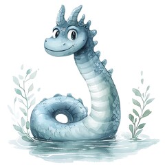 Fototapeta premium Adorable Watercolor Illustration of a Cute Blue Dragon in a Pond.