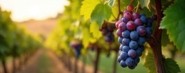 Fototapeta premium Overripe wine grapes, heavy bunches, sun-drenched vine , leaf, cluster, row