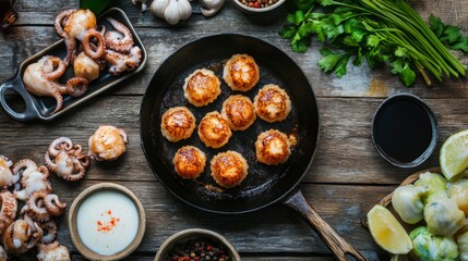 A rustic setting featuring a skillet of freshly cooked takoyaki, surrounded by ingredients like octopus, batter, and sauce, emphasizing the cooking process