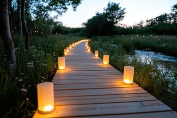 Obraz premium A serene wooden pathway adorned with glowing lanterns invites one to explore the lush greenery and tranquility of a natural environment, offering a magical ambiance.