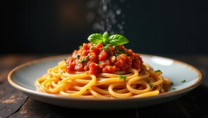 Fototapeta premium Twirling spaghetti, rich tomato sauce, dark background , backdrop, steam