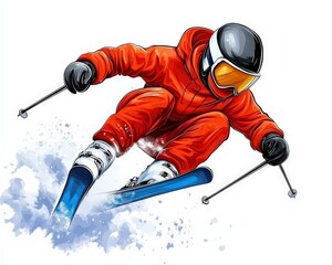 Obraz premium Dynamic Snow Sports Action with a Skier in Bright Orange Outfit