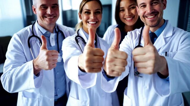 Three doctors are giving thumbs up to each other. They are all wearing white lab coats. Scene is positive and friendly