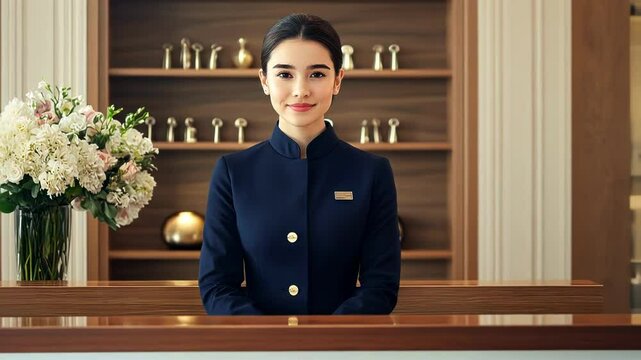 A smiling hotel receptionist in a professional setting with flowers.