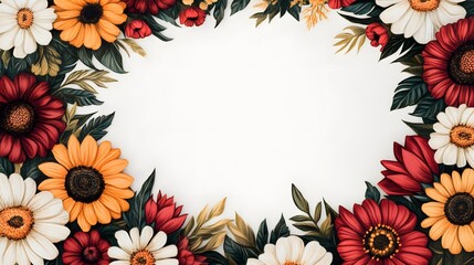 Obraz premium A vibrant floral border showcasing a mix of sunflowers, daisies, and red flowers, framing a blank central space for text or decoration.