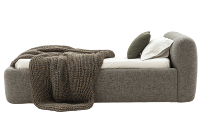 Gray Textured Upholstered Bed with Pillows and Blanket in a Mode