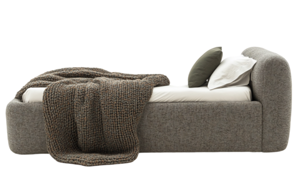 Gray Textured Upholstered Bed with Pillows and Blanket in a Mode