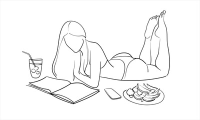 Happy woman sunbathing while reading a book continuous line art drawing isolated on white background. Vector illustration	