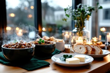 A tempting display of hearty dishes on a cozy dining table, with steam rising, inviting diners to enjoy a warm meal that embodies comfort and togetherness.