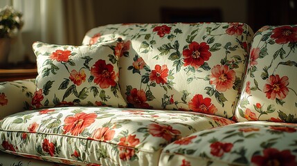 Floral upholstery design in cozy living room decorative couch indoor ambiance natural light home decor