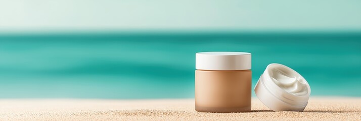 Naklejka premium Cosmetic cream jars placed on sandy beach with ocean background, close-up view