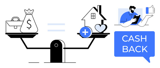 Scales balancing money and home, adding a heart. Person showing thumbs up near Cash Back text Ideal for finance, real estate, savings, investments, rewards, consumer decisions, home equity abstract