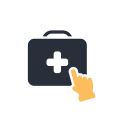 This icon represents ondemand medical assistance, featuring a first aid kit and a pointing hand, highlighting the importance of prompt and accessible healthcare services for those in need