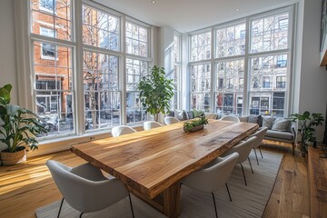 Fototapeta premium Modern dining room with large windows, city view, natural light