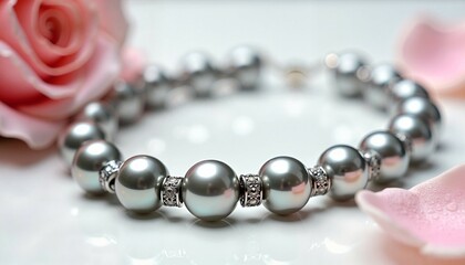 Obraz premium Elegant silver pearl bracelet with roses on white background 