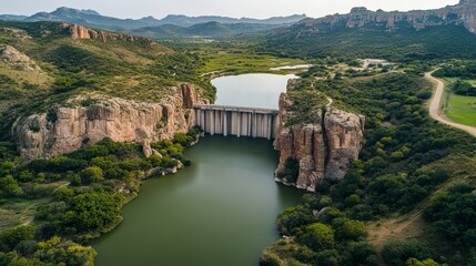 Fototapeta premium A serene river flowing towards a dam, flanked by lush greenery and rocky outcrops, showcasing the harmony between nature and human engineering