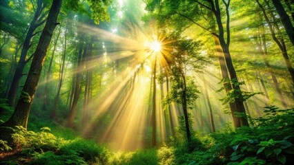 Sunbeams dance through the trees, creating a green-tinged, nature wallpaper.
