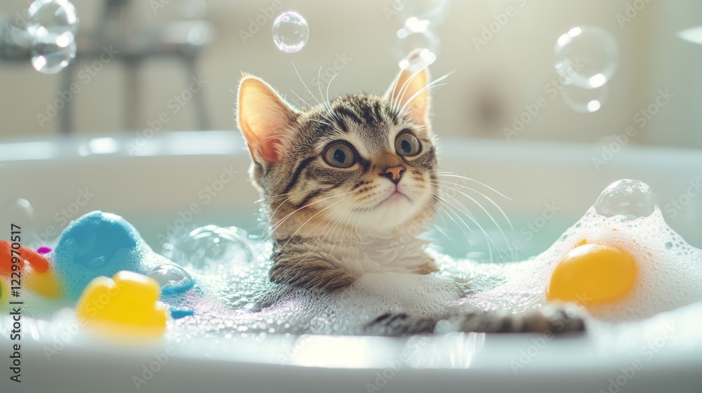 Poster a serene scene of a cat relaxing in a bathtub, surrounded by bubbles and colorful bath toys, illustr
