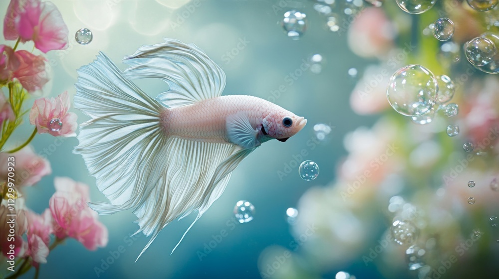 Poster a serene underwater scene featuring a betta fish exploring its habitat, with bubbles rising and colo