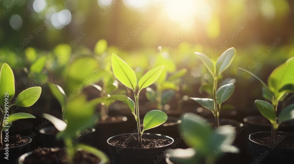 Poster a serene view of a nursery filled with various tree saplings, ready for planting, with sunlight stre