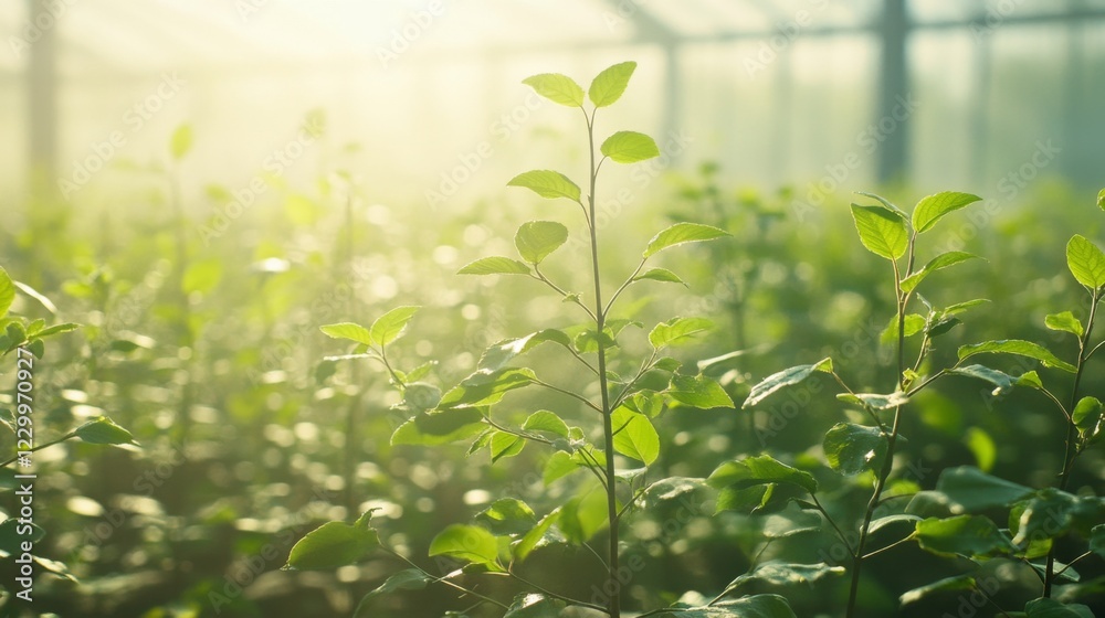 Poster a serene view of a nursery filled with various tree saplings, ready for planting, with sunlight stre