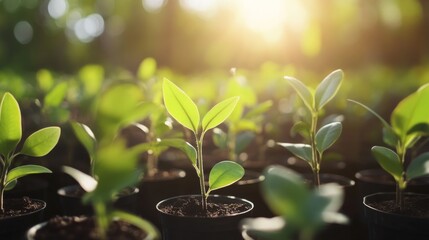 A serene view of a nursery filled with various tree saplings, ready for planting, with sunlight streaming through the leaves, creating a nurturing environment