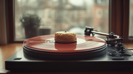 Fototapeta premium A vintage turntable with a record and an apple on it, near a window.