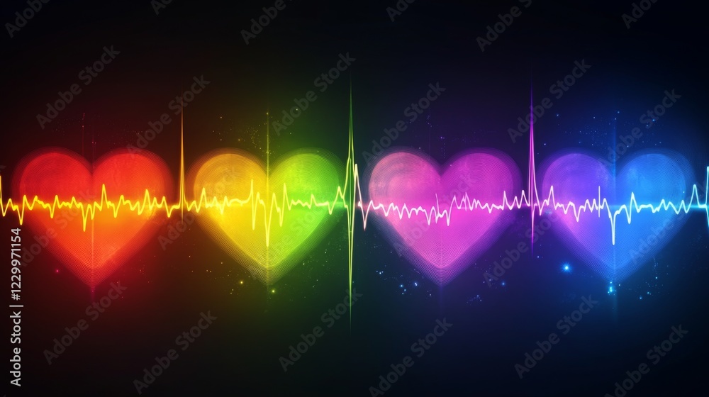 Poster A series of heart waveforms depicted in different colors, symbolizing various emotional states, displayed on a dark background for a striking contrast